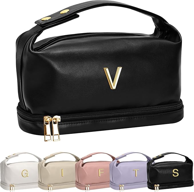 Gift Ideas, for Women 20S-Personalized Makeup Bags, Initial Bags with Handle, Double Layer Cosmetic Bag, Large Capacity Makeup Bags Letter Travel Toiletry Bag with Makeup Brush Organizer