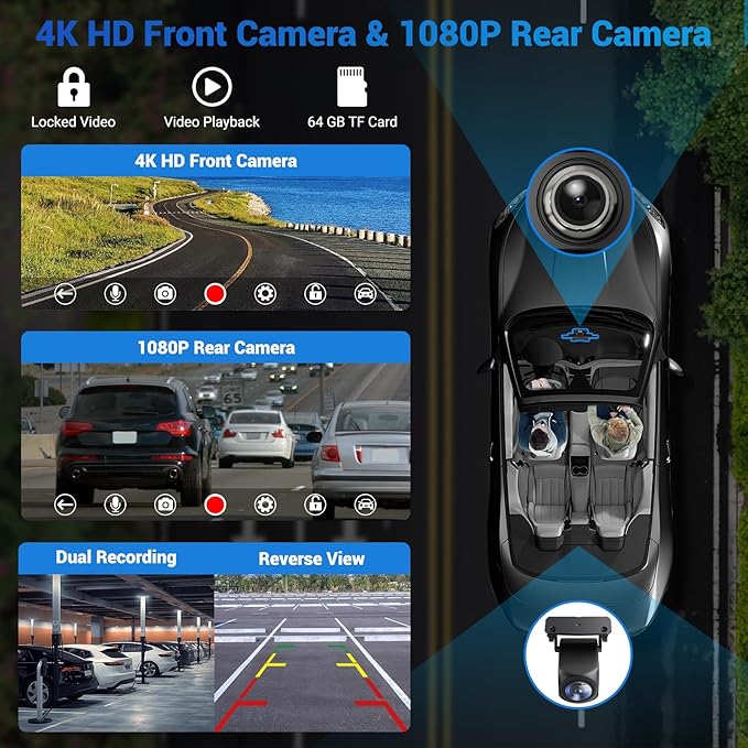 Wireless Apple Carplay Screen for Car 4K Dash Cam, 10.26" HD Touchscreen with Portable Apple Carplay & Android Auto Car Stereo, 1080p Backup Camera