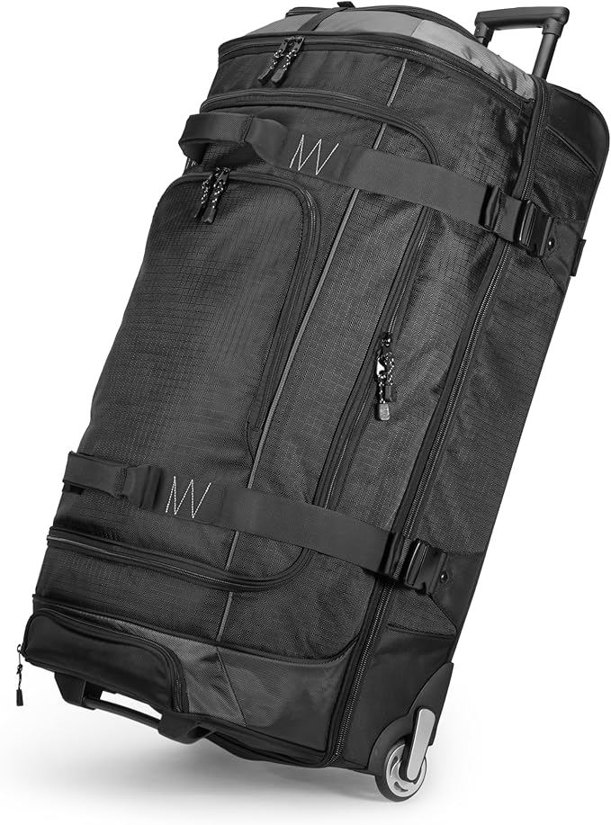 Amazon Basics 35-inch Large Rolling Duffle Bag with Wheels and Handle, Travel Duffle Bag with Durable Ripstop Polyester Material, 2 Layers of Space, Multiple Interior and Exterior Pockets, Black