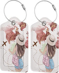 2 Pack Luggage Tags for Suitcase,Travel Girl PU Leather Travel Luggage Tag with Privacy Flap, Name ID Label and Metal Loop for Women Men Suitcase Baggage Bag Backpack