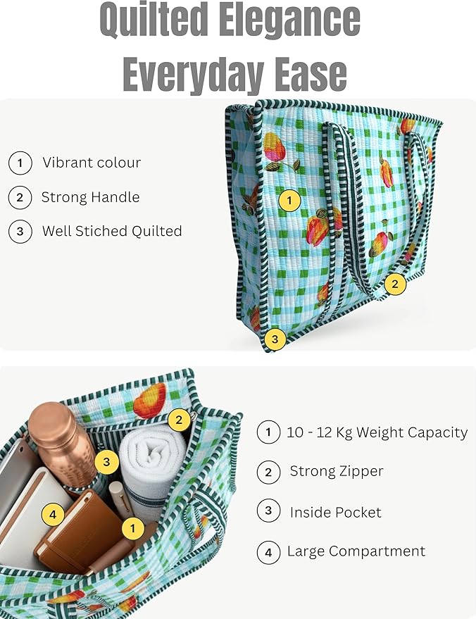 Cotton Quilted Tote Bag for Women – Large Beach & Travel Tote with Zipper, Reusable Grocery Bag