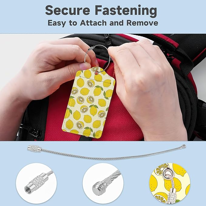 2 Pack Luggage Tag for Suitcase,Yellow Lemon Leather Bag Tags Identifiers Privacy Cover ID Label with Durable Steel Loop for Women Men Kids Girls Travel