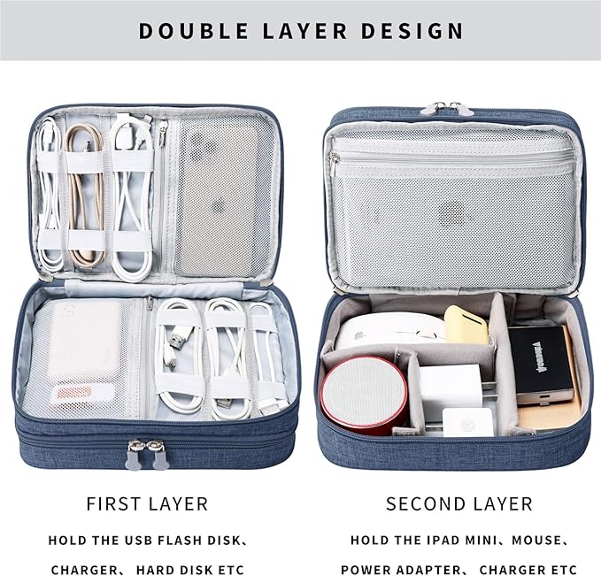 Lanola Travel Cable Organizer Bag, Electronic Accessories Case Portable Double Layer Cable Storage Bag for Cord,phone,Charger, Flash Drive, Phone, SD Card,Personal Items - (Dark Blue)