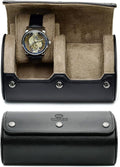 2 Watch Roll Travel Case – Leather Watch Holder Case for Travel - Black Full Grain Cow Leather (Beige Interior)