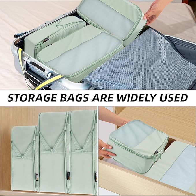 4 Piece Compression Packing Cubes for Suitcases and Backpack, Lightweight Travel Organizers (Light Green)