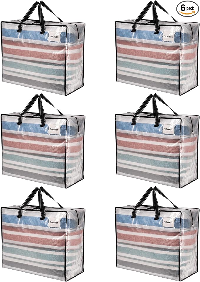VENO 6 Pack Heavy Duty Moving Bags, Storage Bags, Packing Supplies, Top Zipper, Storage Totes for Camping, Clothes, Bedding, Comforters, Pillows (22 Gallon Clear, 6 Pack)