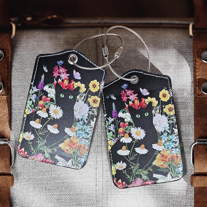 2 Pack Luggage Tag for Suitcase, Cute Unique Leather Suitcase Tags Identifiers with Privacy Name Address Labels & Durable Steel Loop for Women Men Travel