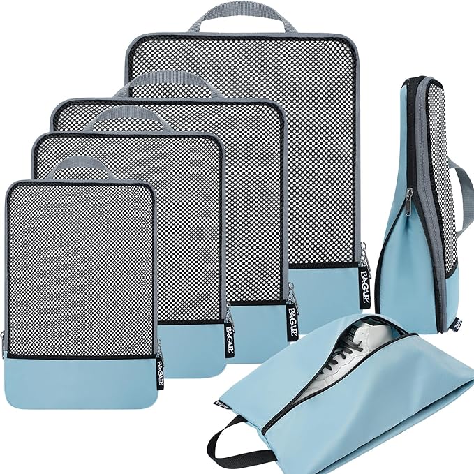 BAGAIL 4 Set/6 Set/8 Set Compression Packing Cubes Travel Accessories Expandable Packing Organizers (Half Mesh, 6-Dusty Blue)