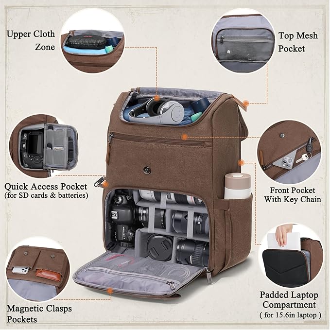 RAINSMORE Camera Bag Backpack for DSLR/SLR Mirrorless 15.6 Inch Laptop Camera Back Pack for Photographers Anti-Theft Photography Bags Case with Tripod Holder & Rain Cover, Coffee