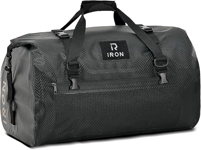 IRON JIA'S Motorcycle Dry Bag - Waterproof Duffle & Luggage Tail Bag Saddle Bags with Roll Top Closure, Shoulder Straps, Inner Pocket and Mesh Pocket (Carbon Fiber, 70L)