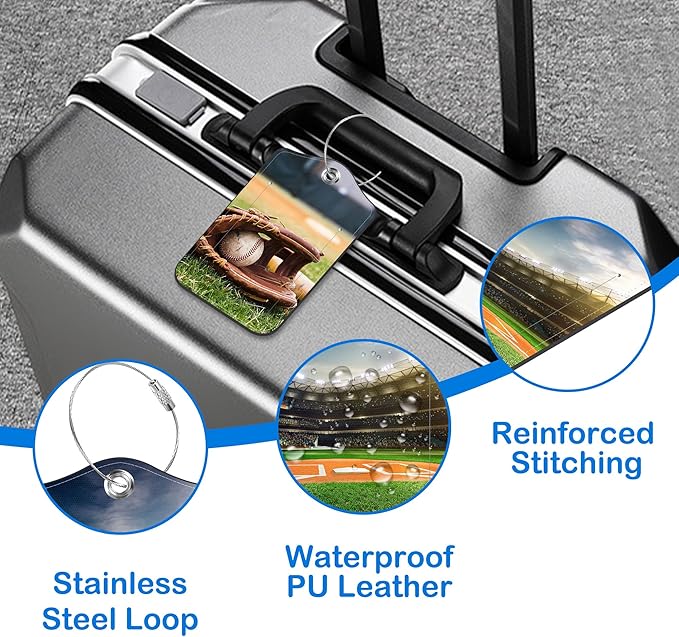 Old Baseball and Glove on Baseball Grand Luggage Tags for Suitcases Leather Travel Tags for Luggage ID Label with Privacy Cover and Stainless Steel Loop for Men Women Suitcase Backpack, Set of 2