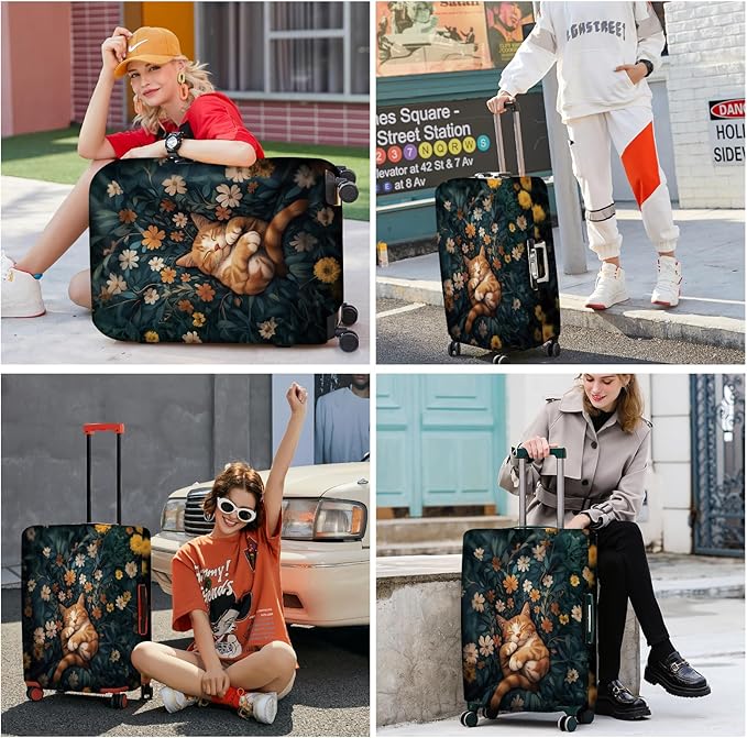 ANNA QUEEN Peaceful Cat Luggage Cover, Sleeping Cat with Floral Design, Stretchable, Washable Travel Sleeve for 24-26 Inch Luggage