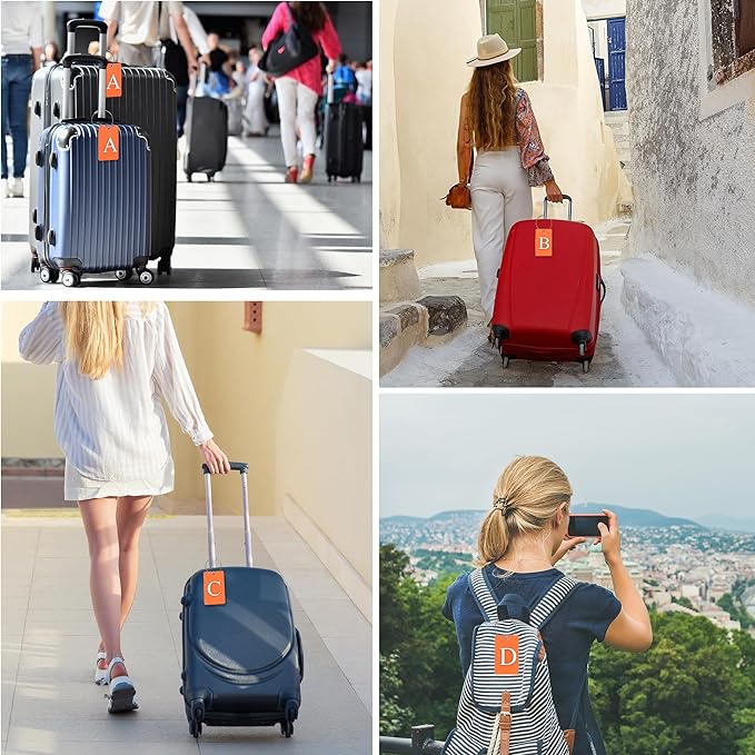 Gostwo 2 Pack Luggage Tags for Suitcases, 26 Initial Letter Travel Luggage Baggage Identification Labels ID Tag Fully Bendable Tags with Stainless Steel Loop (Orange) (Letter P)