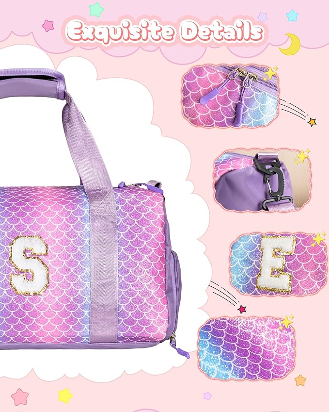 Gifts for 3 4 5 6 7 8 9 Year Old Girls-Girl Gym Bag with Shoe Compartment, Kid Personalized Weekender Overnight Bags, Initial Travel Tote with Makeup Pouch, Easter Gift for Teen (Letter C)