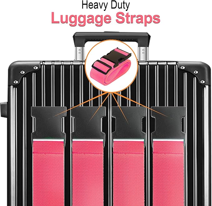 Luggage Straps for Suitcases TSA Approved Travel Belt 4 Pack by Chelmon (Rose Red)