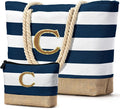 Becokan Beach Bag Initial Beach Tote with Makeup Bag for Travel Work Storage Personalized Birthday Gifts for Women Her