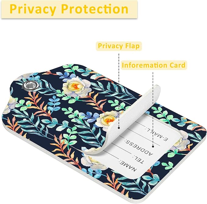 2 Pack Beautiful Floral Luggage Tags for Suitcases,Watercolor Flowers Leather Baggage Suitcases Tag Name ID Label Privacy Cover Travel Bag Tags for Women Men Boys Girls