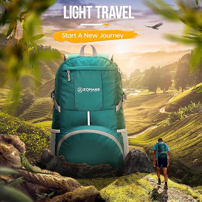 ZOMAKE Lightweight Packable Backpack 35L, Light Foldable Backpacks Water Resistant Collapsible Hiking Bag, Compact Folding Day Pack for Travel Camping(Lake Green)