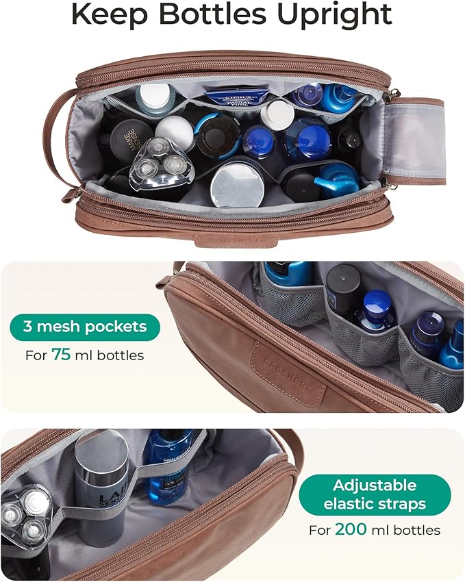 BAGSMART Toiletry Bag for Men, PU Leather Travel Bag for Toiletries, Dopp Kit Water Resistant Shaving Bag for Bathroom Shower-Light Brown