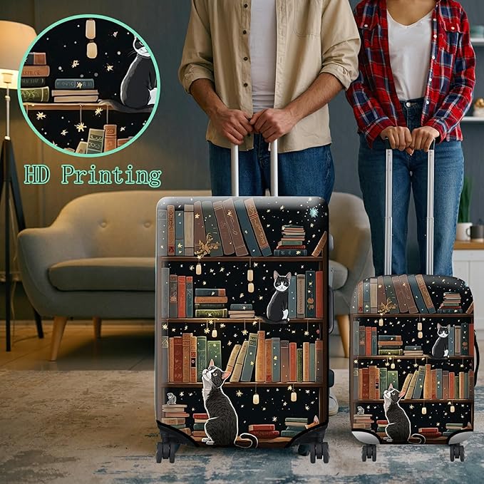 Luggage Cover + Tag, Cat Library Travel Suitcase Protector for 30 inch Luggage (XL) with Concealed Zipper, Washable Elastic Cloth, Dustproof, Anti-Scratch