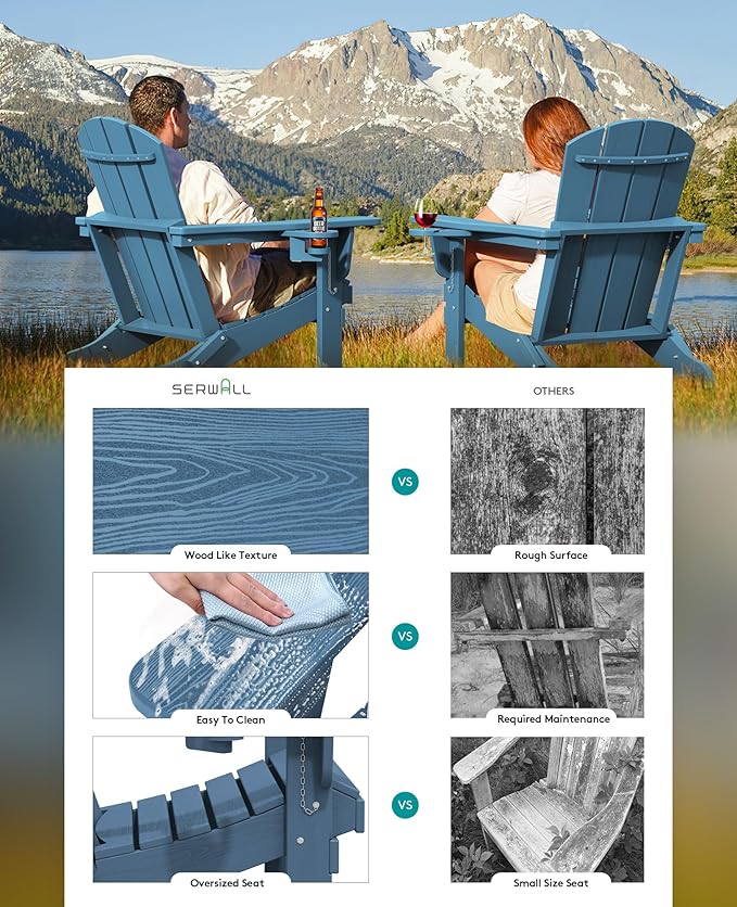 SERWALL Folding Adirondack Chair, HDPE Adirondack Chairs Set of 4, Plastic Outdoor Chairs- Looks Exactly Like Real Wood- Navy