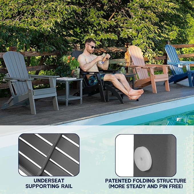 Folding Adirondack Chair - Extended Ergonomic Backrest, Cup Holder - Easy Assembly - Durable HDPE Plastic, Weather Resistant & Maintenance-Free - Lawn, Patio, Deck Supports 380lbs Teak
