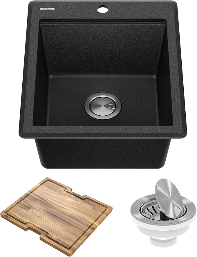 KRAUS Bellucci 18-inch Granite Workstation Drop In Top Mount Single Bowl Kitchen Sink in Metallic Black with Accessories, KGTW12-18MBL