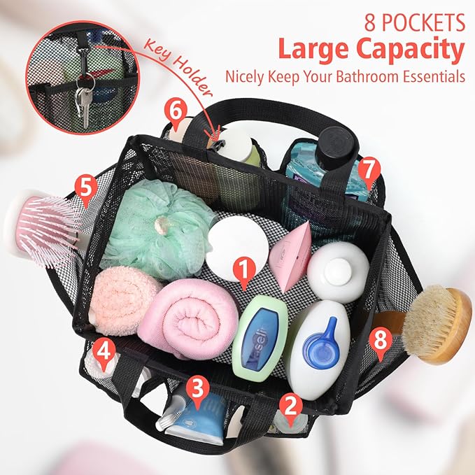 F-color Mesh Shower Caddy Portable - 2 Handles Upgrade Deeper 7 Pockets Basket Bag Tote for College Dorm Room Toiletry Bathroom Essentials Gym Camp Quick Dry with S Hook, 2 Pack, Black & Leopard