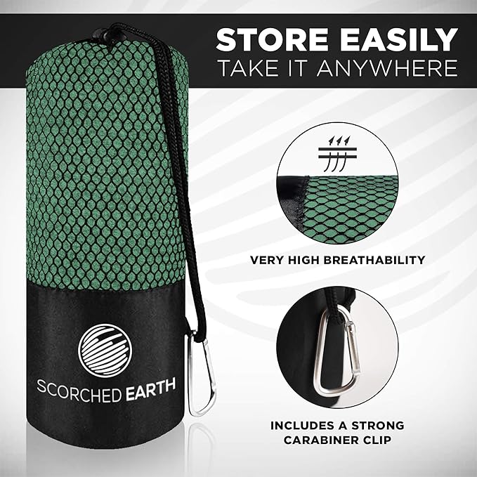 ScorchedEarth Microfiber Travel & Sports Towel Set - Quick Dry, Super Absorbent, Compact, Lightweight - for Camping, Backpacking, Hiking, Beach, Yoga, Swimming - Includes 2 Sizes + Carrying Bag & Clip