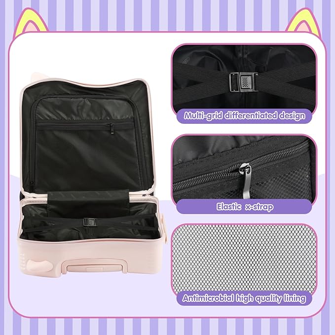 20" Ride-On Travel Suitcase for Kids, Cute Ear Toddler Carry on Luggage with Spinner Wheels, Children Rolling Trolly Luggage with Combination Lock (Pink)