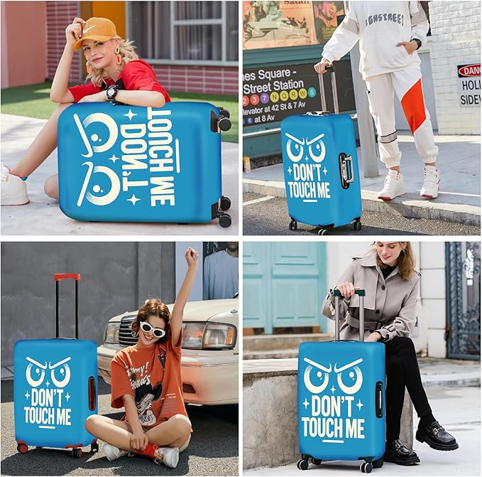 ANNA QUEEN Funny “Don’t Touch Me” Luggage Cover, Bold Blue Suitcase Protector with Angry Eyes Design, Stretchable, Washable Travel Cover for 24-26 Inch Luggage