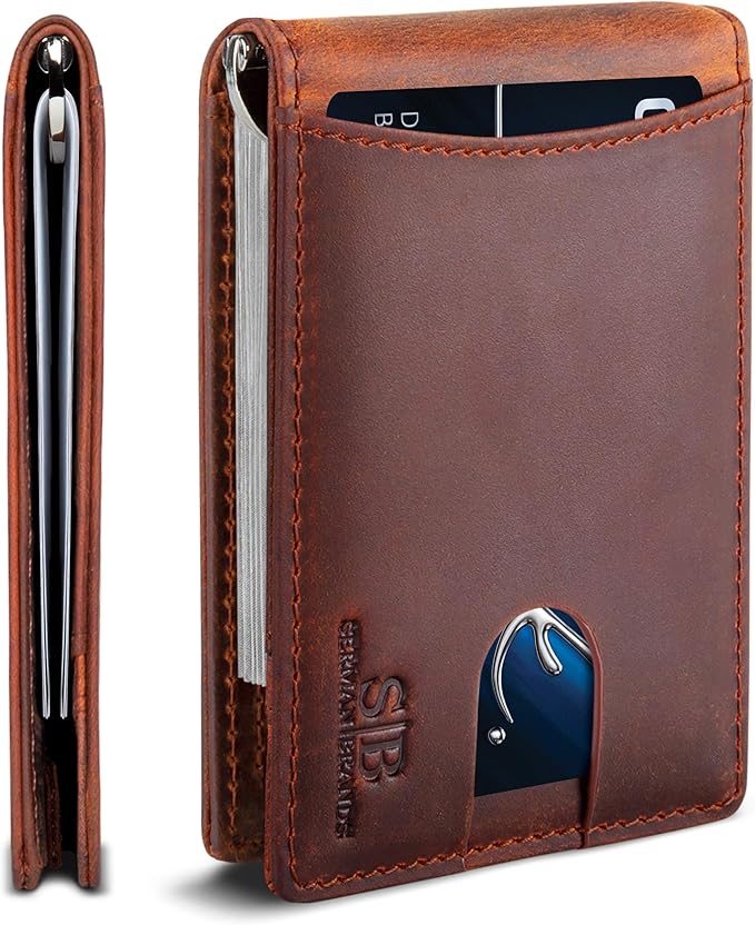 SERMAN BRANDS RFID Blocking Slim Bifold Genuine Leather Minimalist Front Pocket Wallets for Men with Money Clip Thin Gift