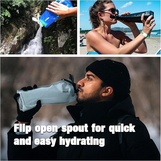 Vapur Collapsible Water Bottle With Carabiner, Compact Bottle Folds Flat For Hydration On The Go, Ideal for Traveling, Hiking or Camping, 34 Ounce, Blue, Pack of 1