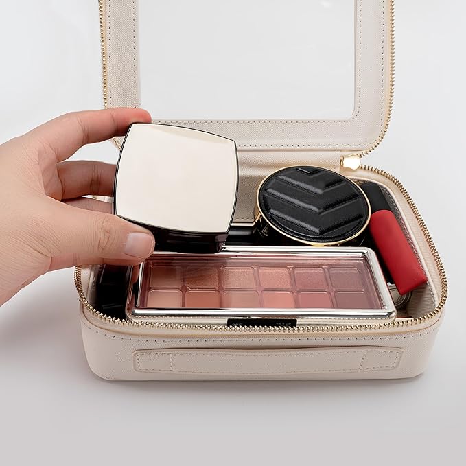 Aveniee Clear Makeup Bag Organizer Set,Portable Travel Toiletry Case for Women, Vegan Leather Cosmetic Pouch Car Bag for Essentials 2pcs,Middle & Large,Beige