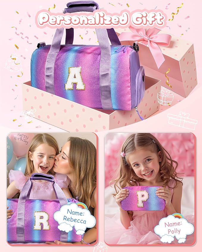 Gifts for 3 4 5 6 7 8 9 10 Year Old Girls-Girl Gym Bag with Shoe Compartment, Kid Personalized Weekender Overnight Bags, Initial Travel Tote with Makeup Pouch, Graduation Gift (Letter M)