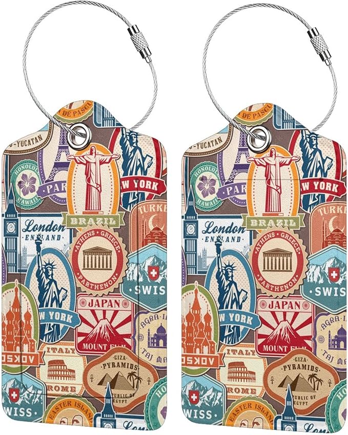 2 Pack Landmark Sticker Luggage Tags for Suitcases Women Men Kids, Bag Tags for Leather Luggage with Waterproof Suitcase Tags Privacy Cover Name ID Label Steel Loop for Travel Bag Suitcase