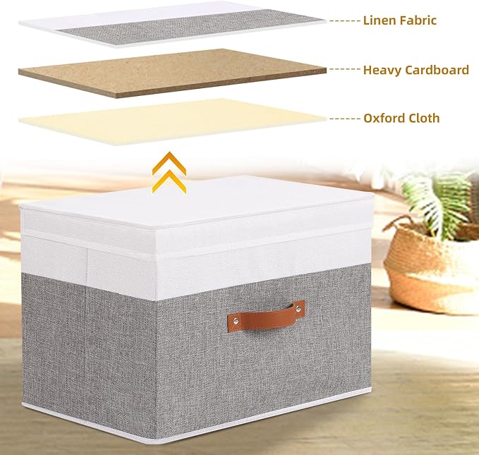 Fabric Storage Boxes with Lids, Linen Foldable Cloth Baskets, 17.7 x 11.8 x 11.8 Inch Closet Organizer Containers with Double Handles, Sweater Bins for Bedroom, White and Grey, 5 Pack
