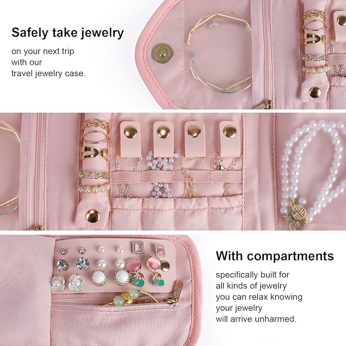 emissary Small Jewelry Travel Case Organizer for Necklace, Earrings, Rings, Bracelet, Jewelry Storage, Earring Storage, Necklace Storage, Valentines Day Gifts Pouch Bag Accessories for Travel (Pink)