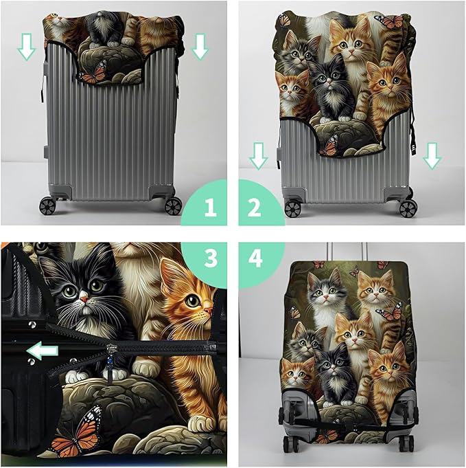 Luggage Cover + Tag, Cats Family Travel Suitcase Protector for 24 inch Luggage (M) with Concealed Zipper, Washable Elastic Cloth, Dustproof, Anti-Scratch