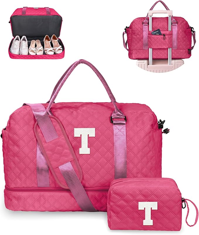 Gifts for Girls 12-14, Birthday Gift-Initial Travel Bag with Shoe Compartment, Personalized Weekender Bag, Monogram Overnight Bag for Women, Letter Travel Bag with Makeup Bag (Letter T)