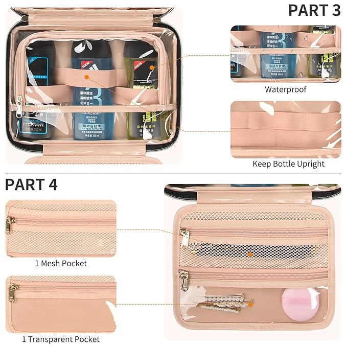 CUBETASTIC Hanging Travel Toiletry Bag, Portable Travel Makeup Bag with Handle, Waterproof Nylon Cosmetic Organizer Pouch with 360° Hanging Hook (B#-Black, Medium(Pack of 1))