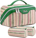 Travel Makeup Bag for Women: Large Capacity Open Flat Make up Bag Set of 3 - Vegan Leather Cosmetic Bag with Compartments - Waterproof Toiletry Bag with Handle & Divider(Green)