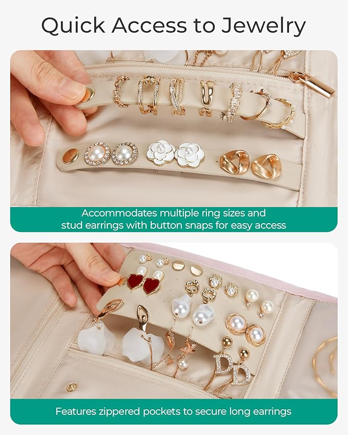 BAGSMART Travel Jewelry Organizer Case, Foldable Jewelry Roll for Necklaces, Earrings, Journey-Rings, Bracelets, Brooches, Portable, Khaki