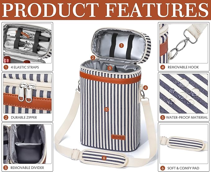 2 Bottle Wine Bag Wine Cooler Carrier Wine Gift Tote Bag, Leakproof & Insulated Bottle Bags for Travel, BYOB, Beach, Dinner, Party, Christmas Gifts for Wines Lovers Women Men - Navy Stripe