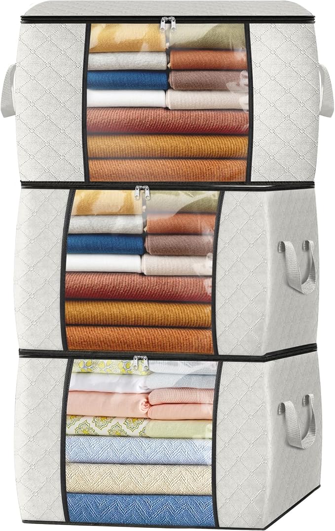 Fab totes 24 Gallons Clothes Storage, Foldable Thick Fabric Blanket Storage Bags, Containers for Organizing Bedroom, Closet, Clothing, Comforter, Organization with Handle (3 Pack,Ivory)