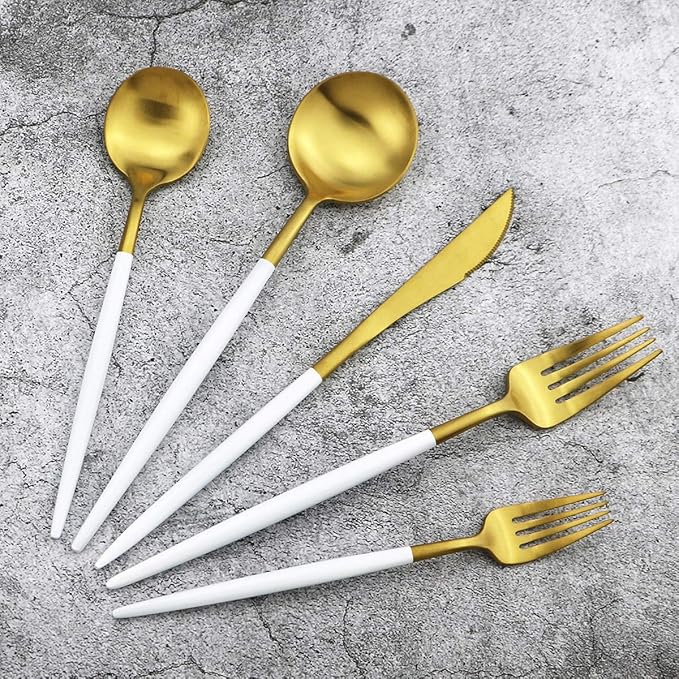 Gugrida 20-Piece 18/10 Stainless Steel Flatware Silverware, Luxury Dinnerware Set Travel Cutlery Tableware Include Knife Fork Spoon Service for 4, Dishwasher Safe (White Handle Matte Gold)