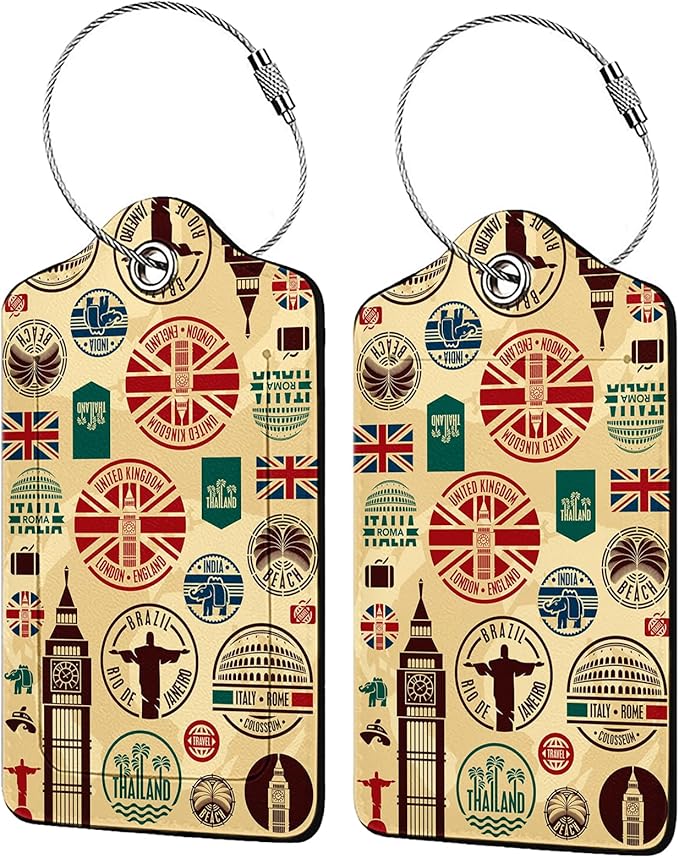 Travel Icons 2 Pack Luggage Tag for Suitcase, Cute Unique Leather Bag Tags Identifiers Privacy Cover ID Label with Steel Loop for Women Men Kids Girls Travel