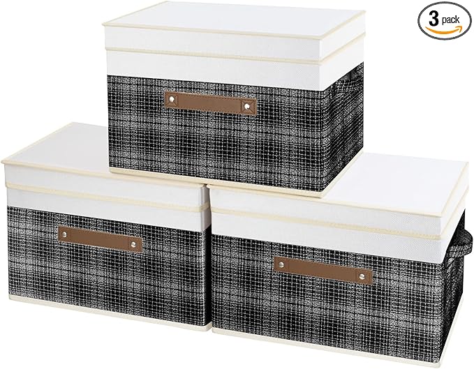 TYEERS Collapsible Storage Bins with Lids, Patchwork Design, Washable, Fabric Storage Boxes, 14.9x9.8x9.8 inches, 3 Pack, Black