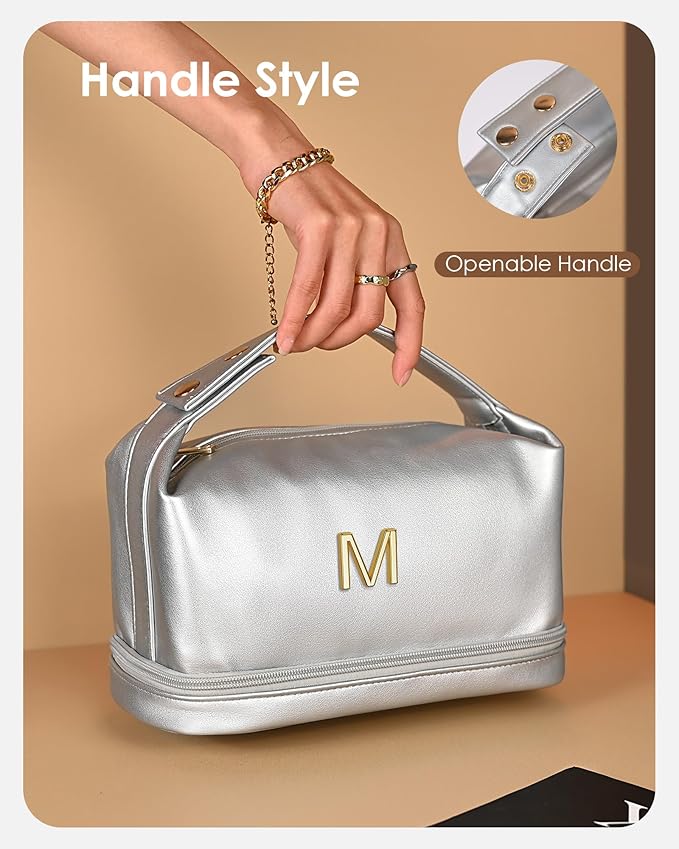 Appreciation Gifts for Woman, Personalized Makeup Bag with Handle, Initial Double Layer Cosmetic Bag with Makeup Brush Organizer, Cute Cosmetic Pouch for Women, Gift Ideas for Teen Girls