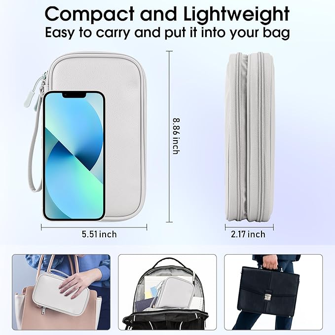 Leather Travel Electronic Organizer - Double Layer, Waterproof Case for Cables, Chargers, Phones & More - Portable, Shockproof Pouch for All Your Electronics Accessories (Grey, M)